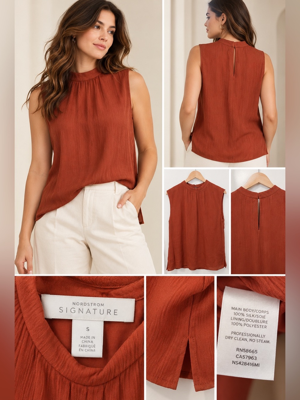 NWT Nordstrom Signature 100% Silk Sleeveless Blouse Size S Rust Burnt Orange